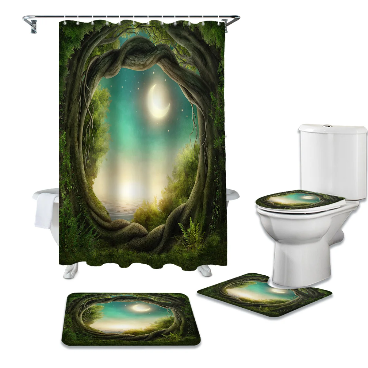 Занавеска для душа и ковер в комплекте крышка унитаза с изображением джунглей