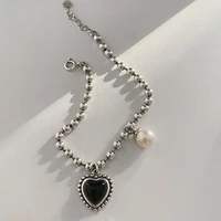 30 silver plated sweet black resin love heart pearl ladies bracelet jewelry short bead chains no fade
