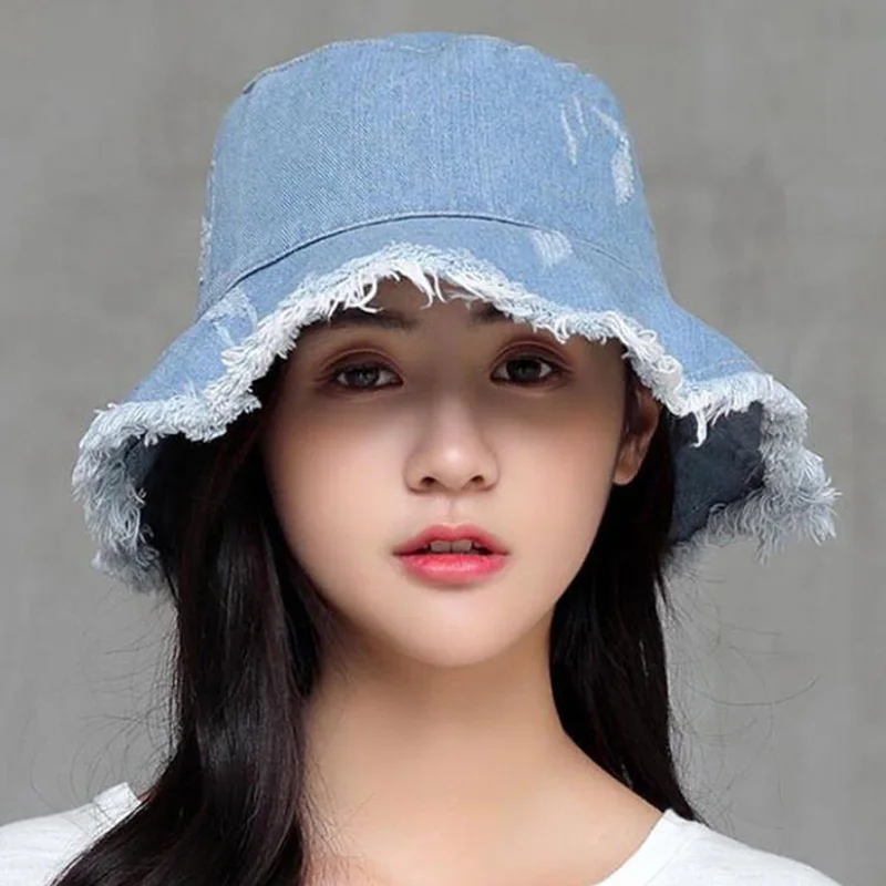 

2020 Summer Denim Wide Brim Foldable Sun Hat Men Women Tassel Floppy Cap Anti-UV Beach Bucket Hats Female Hiking Cap