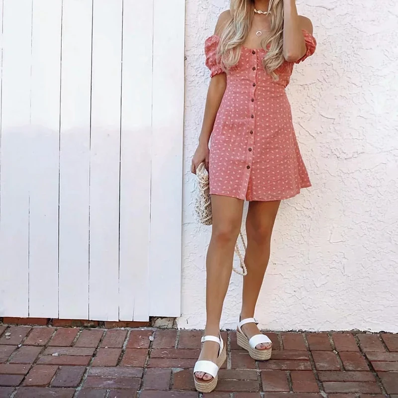 2020 кавайное летнее платье с бантом Женский винтажный буф рукав цветочный рисунок