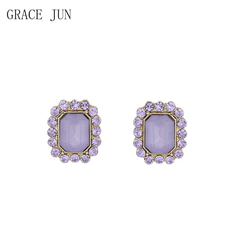 

GRACE JUN Purple Rhinestone Clip on Earrings Fashion Jewelry Fake Piercing Korean Style Gold Color No Pierced Earrings Ear Clip