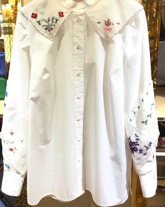 

Женская рубашка 2021, новая стильная блузка с вышивкой и круглым вырезом, рубашка с длинными рукавами