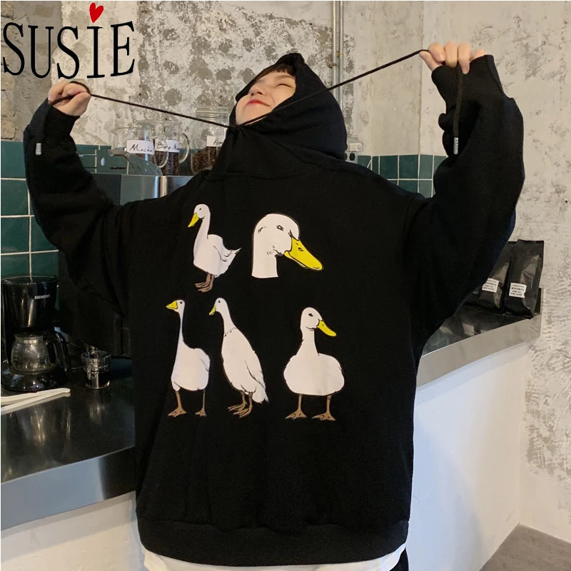 Новинка 2019 Женская толстовка с капюшоном милым принтом утки и Финни модная
