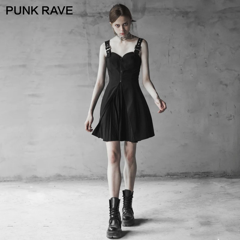 Женское платье в стиле панк черное модное неэластичное из шифона на