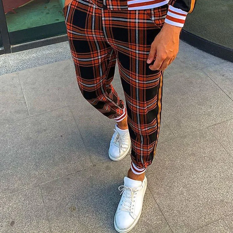 

New Plaid Printed Pants Jogging Pants Mens Fitness joggers Men's high Street Trousers Striped Stitching Slim Training Sweatpants