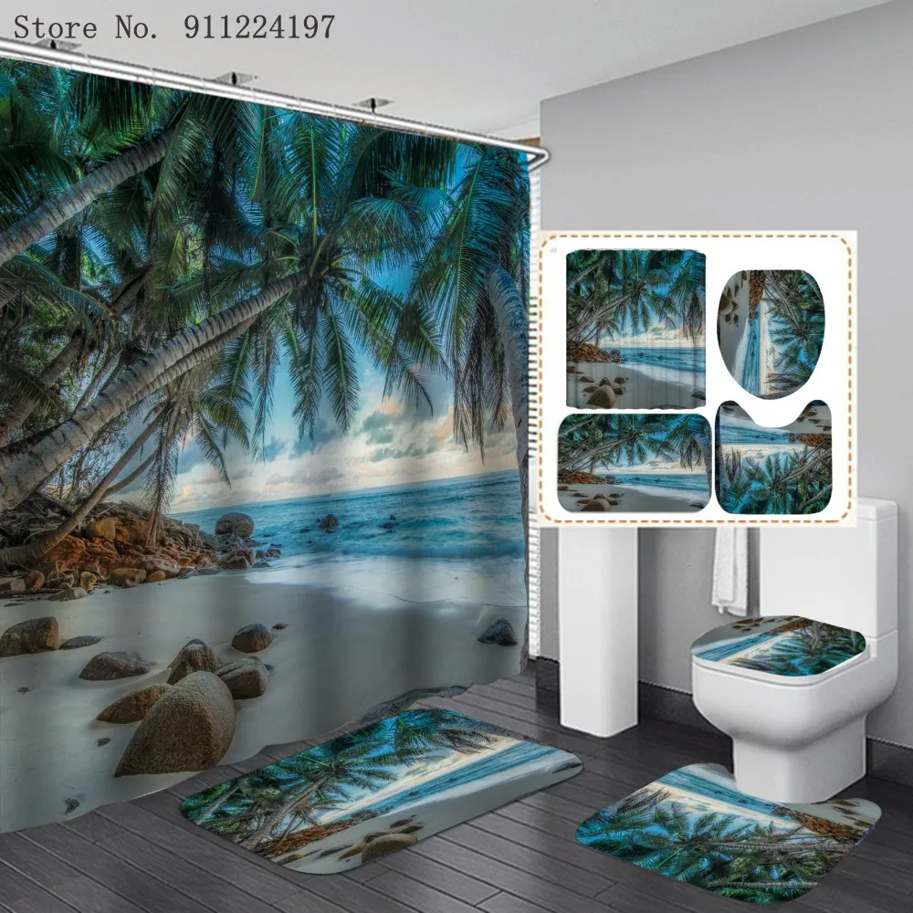 

3D Seascape Printing Waterproof Shower Curtain 4 Piece Carpet Cover Toilet Cover Bath Mat Coconut Sunset Bathroom Curtain