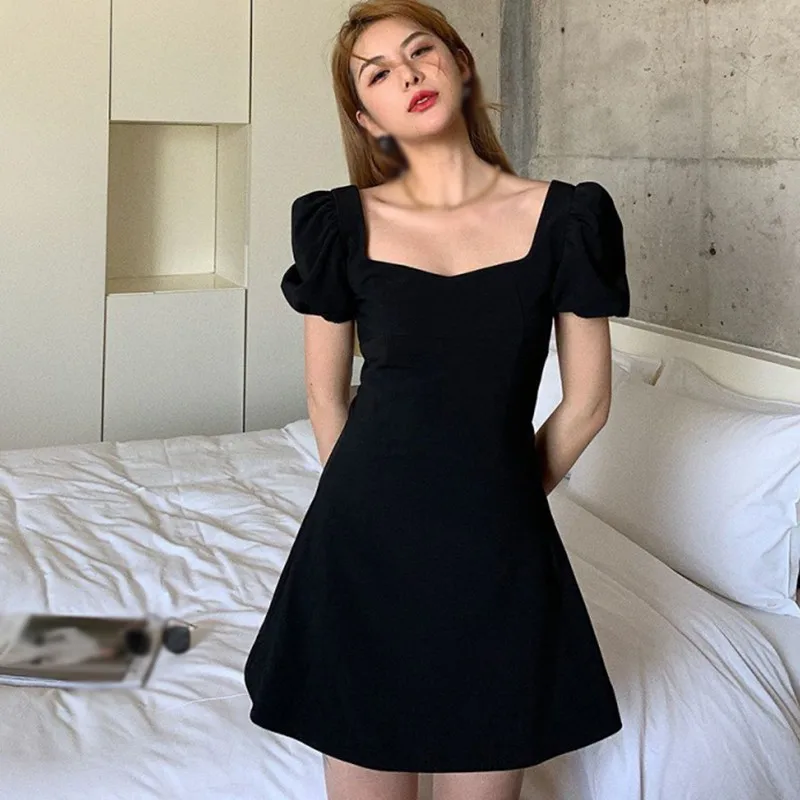 

ROPALIA Woman Dress Square Collar Dresses Puff Sleeve High Waist Temperament Dresses Vestido De Mujer