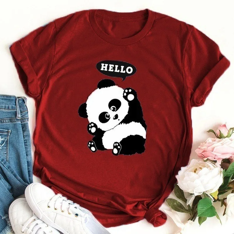 Женская футболка с коротким рукавом круглым вырезом и принтом Hello Panda | одежда