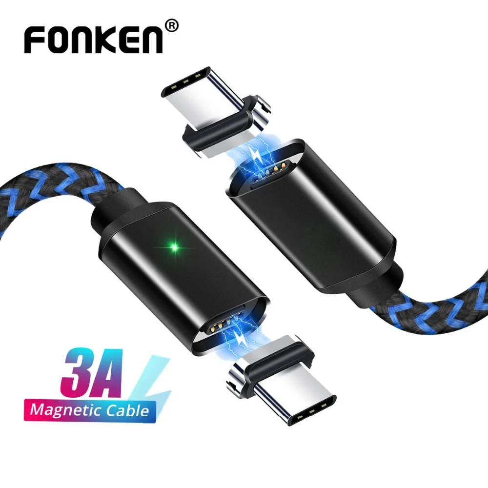FONKEN usb type C Магнитный кабель для зарядки мобильного телефона USB-C Магнитный шнур USB зарядное устройство 3A кабель для быстрой зарядки 1 м 2 м провода для передачи данных