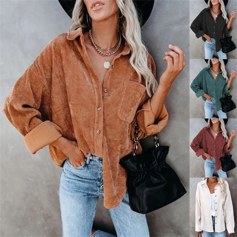 

2021 Fashion Corduroy Shirts Women Solid Blouses Female Long Sleeve Spring Autumn Lady Shirts Loose Boyfriend Style Vintage Top