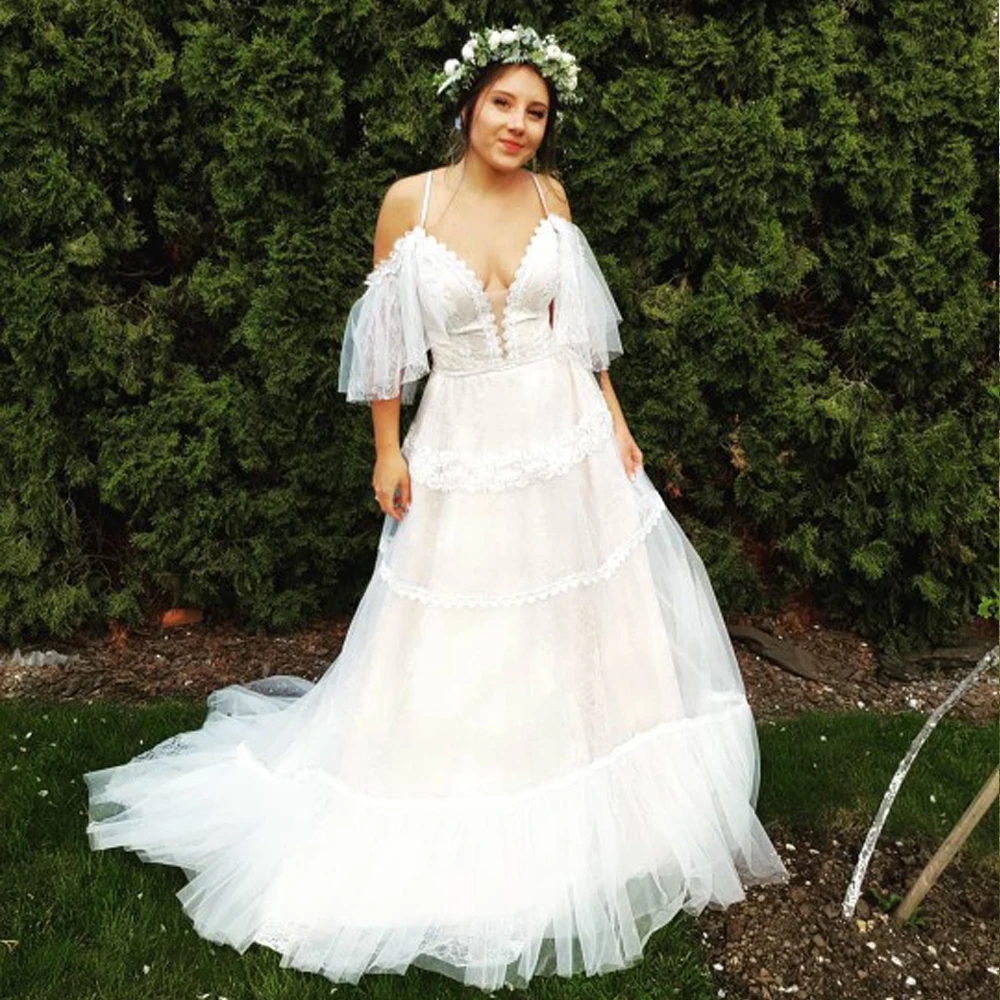 LORIE Bohemian Wedding Dresses 2020 Off Shoulder A Line Lace Appliqued Boho Gowns Lacing Plus Size Beach Bridal | Свадьбы и