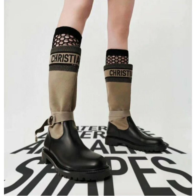 

D family letter Knight boots female 2021 autumn winter new British wind tube boots below the knee long boots net red thin boots