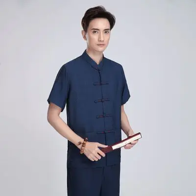 

Navy Blue Cotton Linen Mandarin Novelty Men Shirt Classic Short Sleeve Soft Tang Tops Big Size 3XL Vintage Kong Fu Clothing