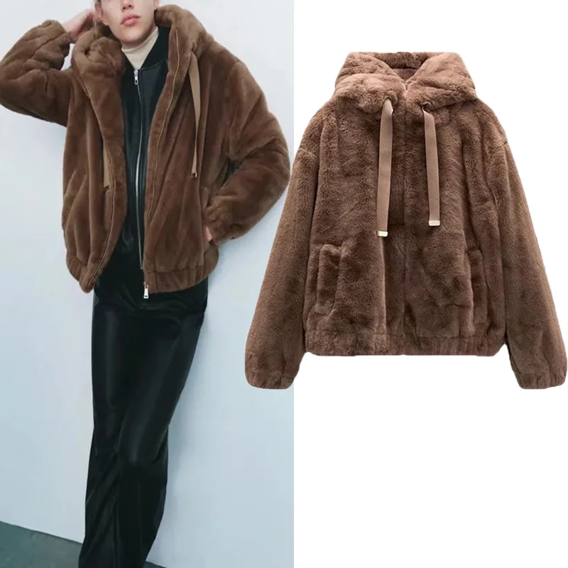 

Осенне-зимняя флисовая куртка с капюшоном Za с эффектом искусственного меха, модная куртка с длинным рукавом, винтажная Толстая теплая уличн...