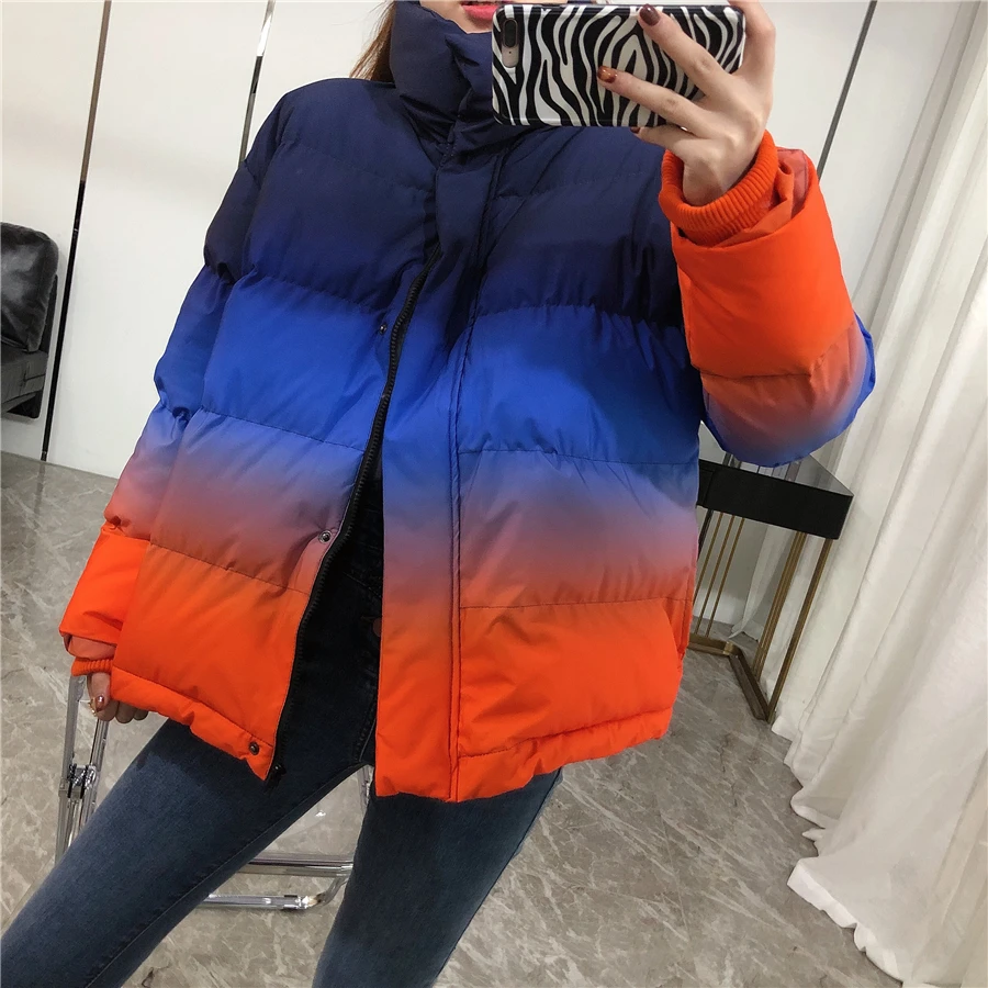 

Preppy Yuppie Hip HOP Change Color Rainbow Loosen Winter Jacket Ins. Popular Live Show Cotton Blended Warm Thick Coat