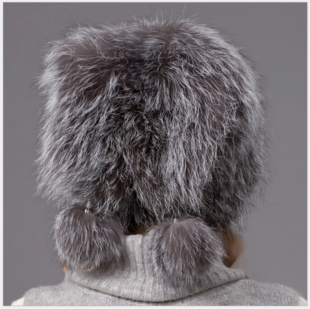 Custom Fluffy Womens Hat Winter Warm Furry Casual Women Caps Fashion Cute Double Pom Pom Natural Real Fox Fur Hats