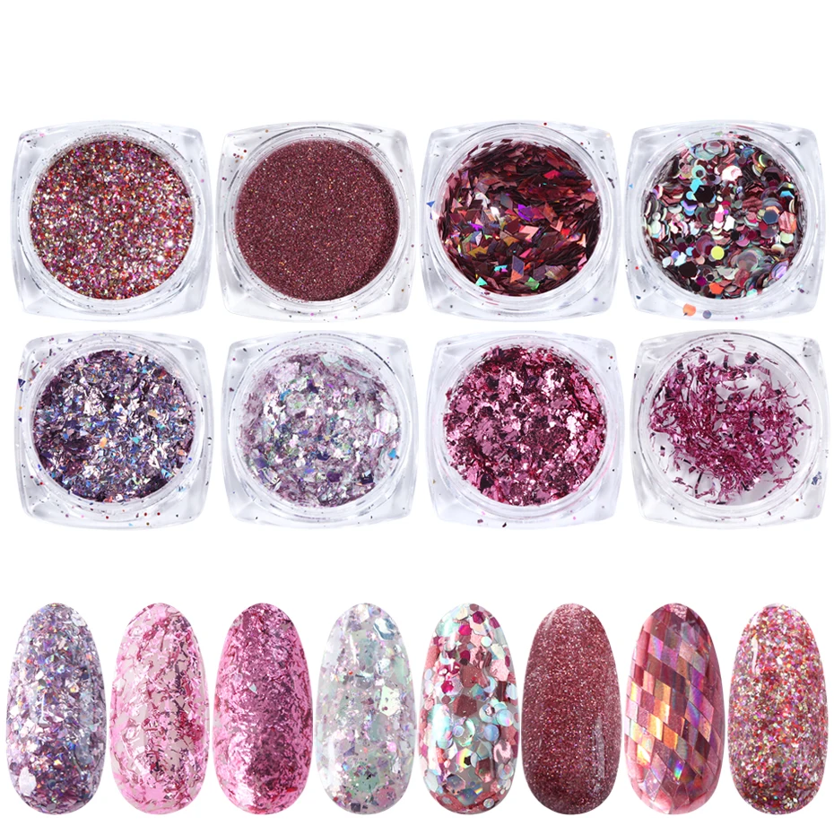 8 шт. розовое золото ногтей блеск хлопья полировка хром порошок пигмент с