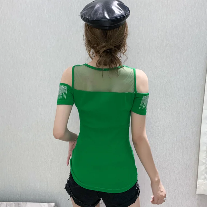 2021 Summer New short-sleeved Women t-shirt sexy O-neck hot diamond fashion strapless wild slim T-shirt women tops | Женская одежда