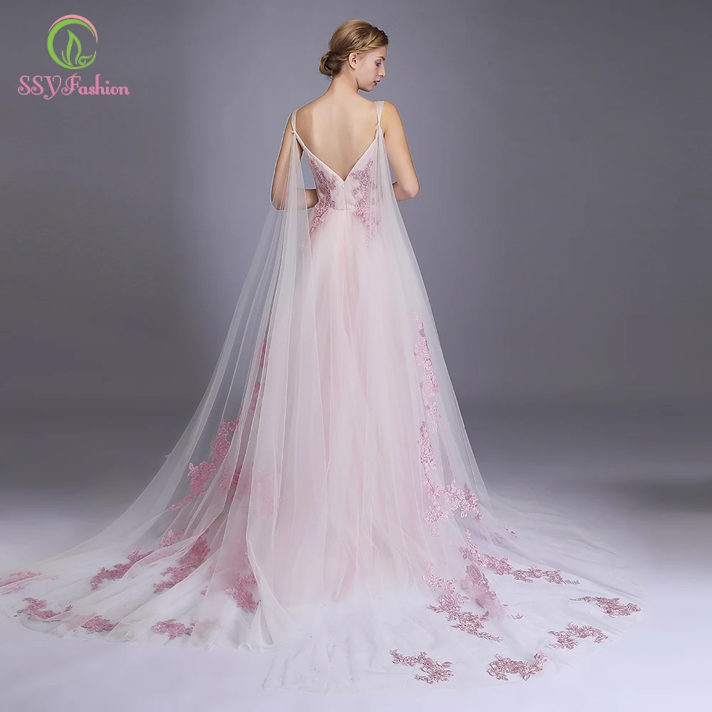 SSYFashion новые милые розовые вечерние платья романтические кружевные аппликации v-образный вырез длина до пола Длинные вечерние платья Vestido De Noche