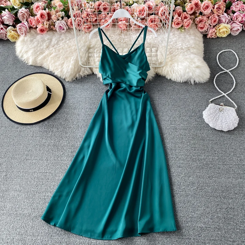 

Satin Strap Women's Dress Chic Cross Korean Style Elegant Vestidos Party Club Backless Sundress 2021 Summer New