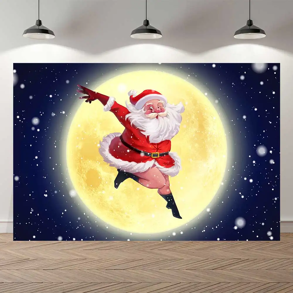 

NeoBack Merry Christmas Dancing Santa Snow Moon Light Stars Night Gifts Bell Party Banner Photo Backdrop Photography Background