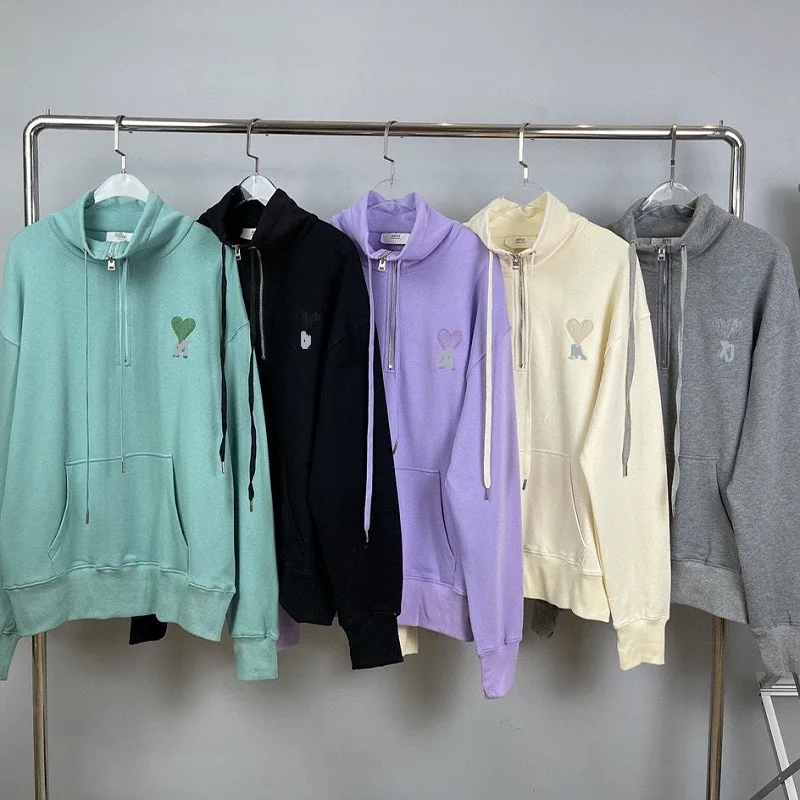 

2021 Ami Love Embroidered Hoodie Men's And Women's Alike Stand Collar Half Zipper Pullover Loose Casual Long Sleeve Fashion