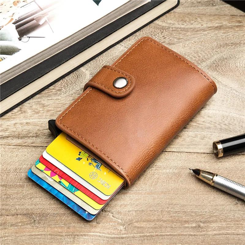 

Bycobecy Casual Credit Card Holder Hasp Smart ID Card Case Metal RFID Aluminum Box Slim Men And Women ID Holder PU Leather