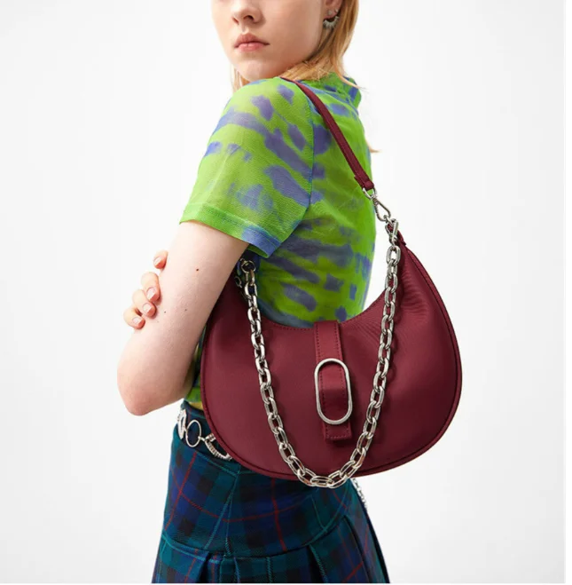 

Fashion women small bag zipper nylon girl messenger shoulder bag chain half moon female vintage cute bag