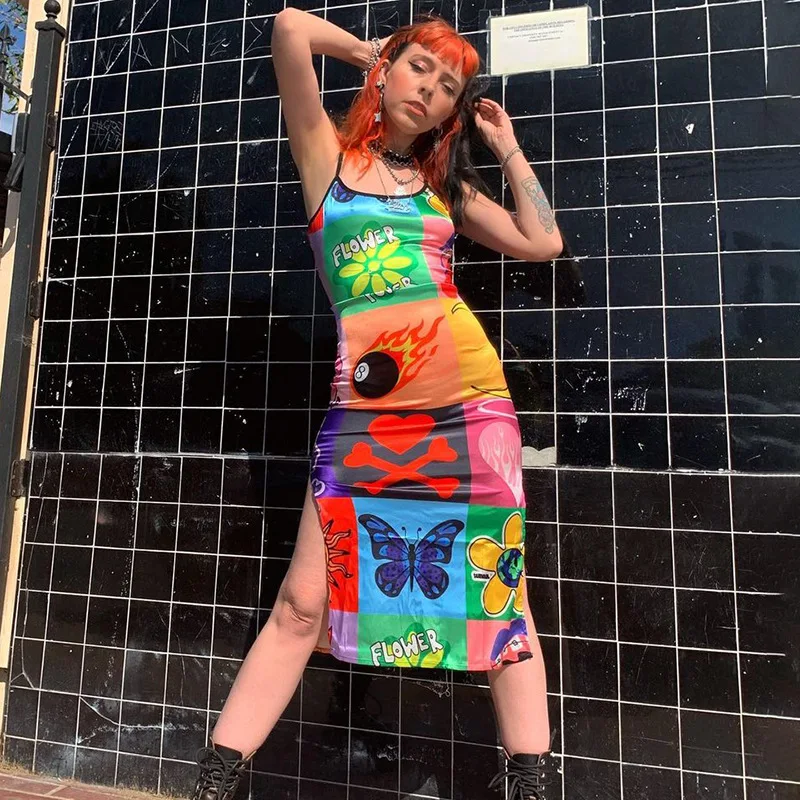 

2021 Summer New Personality Street Illustration Multi-color New Sling Cool Fashion Trend Split Ends Sexy Bag Hip Midi Dress Y2K