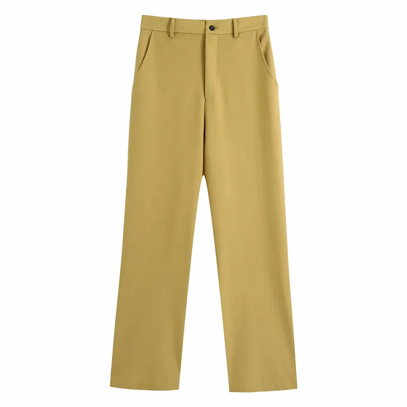 

Evfer Women Casual High Waist Zipper Za Khaki Long Pants Office Lady Fashion Pockets Spring Autumn Suit Trousers