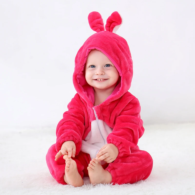 Rose red rabbit Детские комбинезоны; одежда для маленьких девочек; пижамы кигуруми с вышивкой панды; Зимний Детский комбинезон с рисунком животных; детские комбинезоны для малышей - Цвет: Rose red rabbit