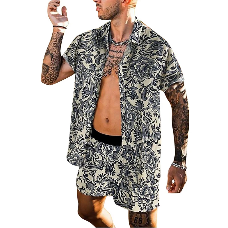 

2021 National Style Mens Hawaiian Short Sleeve Set Summer Casual Printing Shirt Beach Two Piece Suit Fashion Men Sets