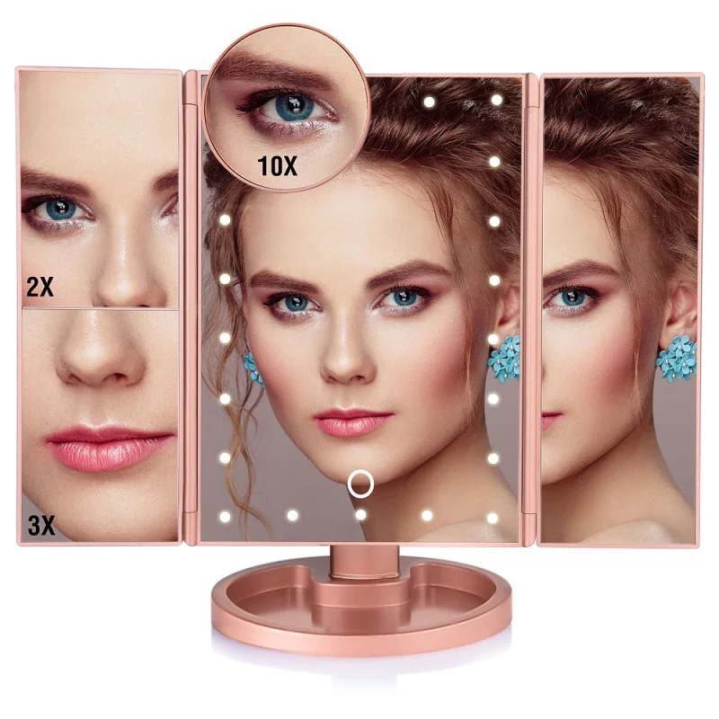 Champagne Gold Зеркало для макияжа светодиодный сенсорный экран 22 Светильник Настольный макияж 1X/2X/3X/10X увеличительное зеркало косметическое 3 складное регулируемое зеркало - Цвет: Champagne Gold