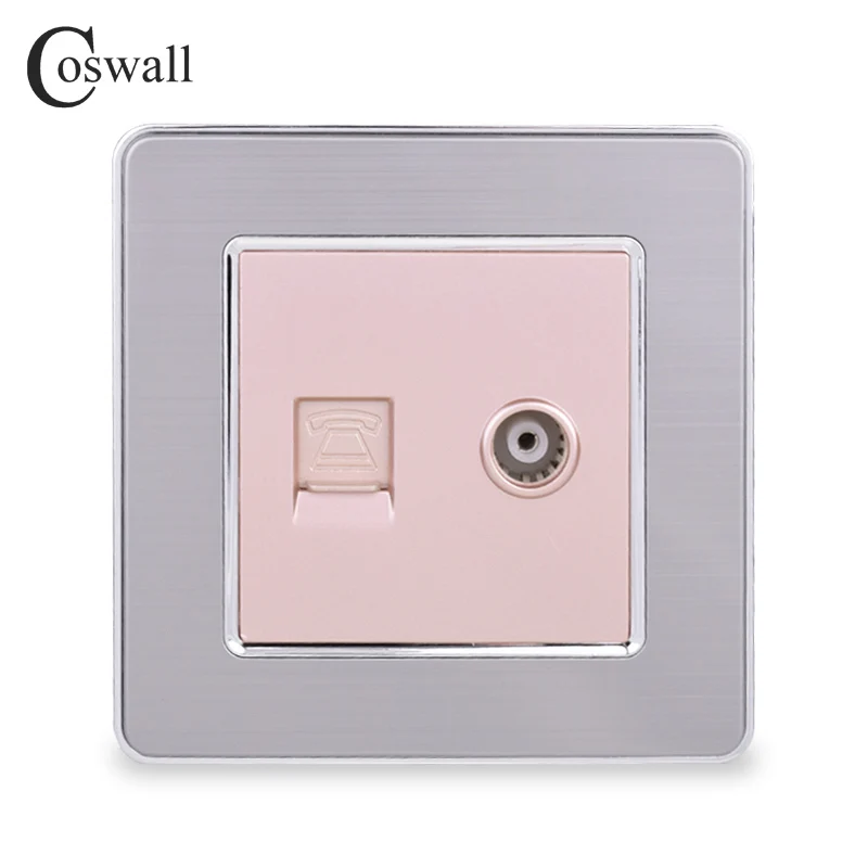 COSWALL RJ11 2 ядра телефонный разъем с женский ТВ Джек Нержавеющая сталь матовая панель розетка - Тип: Gold