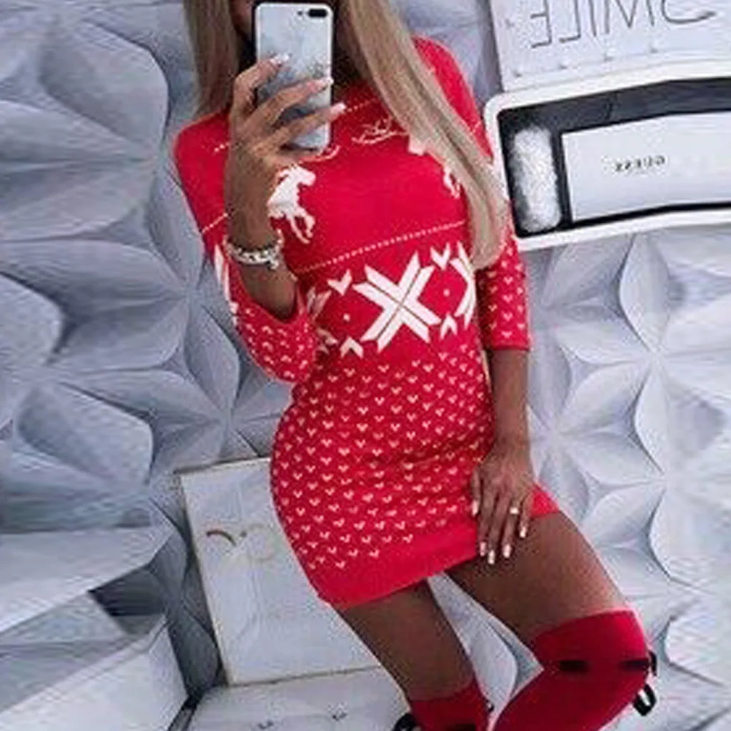 Fashion Womens Tops Christmas Sweater Dress Long Sleeve Xmas Jumper Ladies Pullover Dresses Casual Clothes | Женская одежда