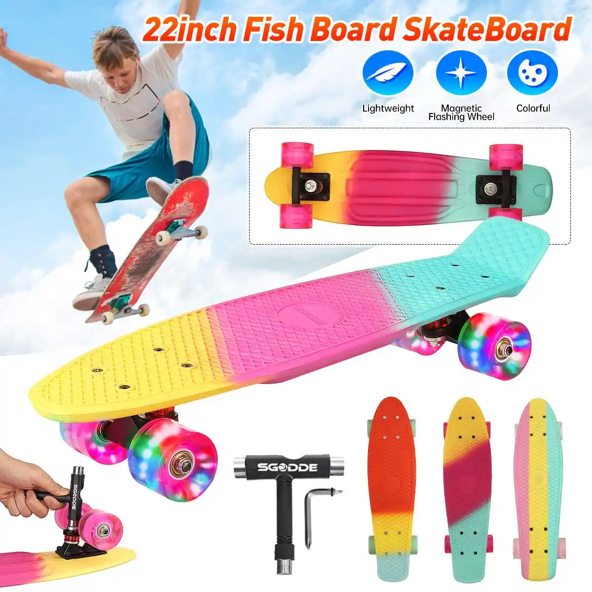 

22 inch Skateboard Penny Board Cruiser Board Skate Board Cruiser Hoverboard Children Scooter Longboard Flashing Light Wheel YOW