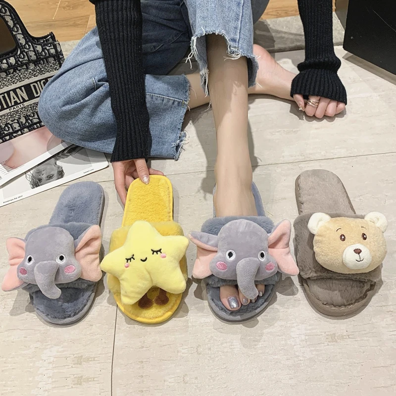Indoor Winter Women Fur Slippers Cute Cartoon Animal Elephant Funny Girls Furry Slipeprs Bedroom Flats Ladies Shoes | Обувь