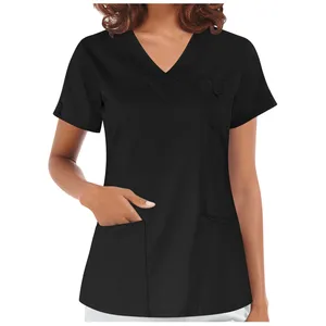Women's Short Sleeve V-Neck Pocket Care Workers T-Shirt Tops Summer Workwear Tops Sexy Printed Nurse Uniform Clinic Blouse
