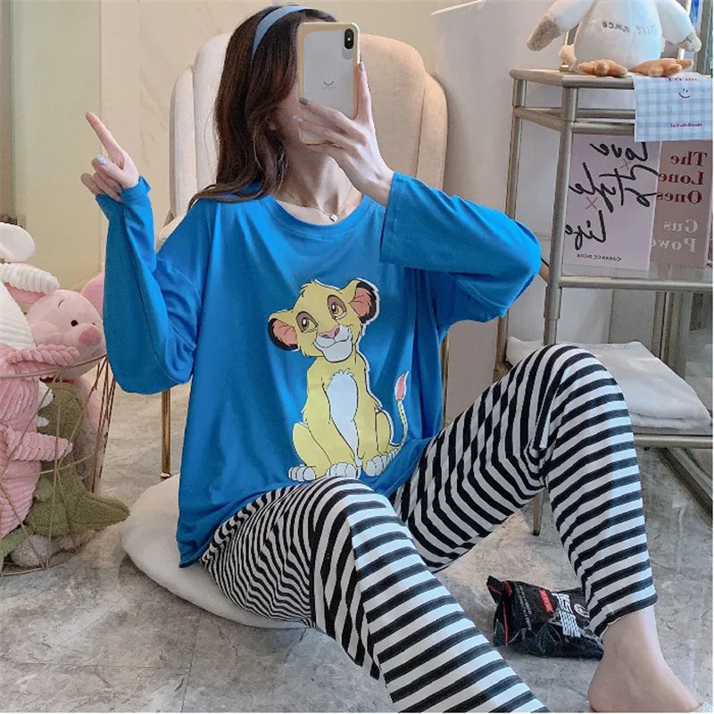 

New Cartoon Long Sleeve Mickey Lion King Duck Printed Pajamas Loose Fresh Thin Women's Long Sleeve Set Home Service