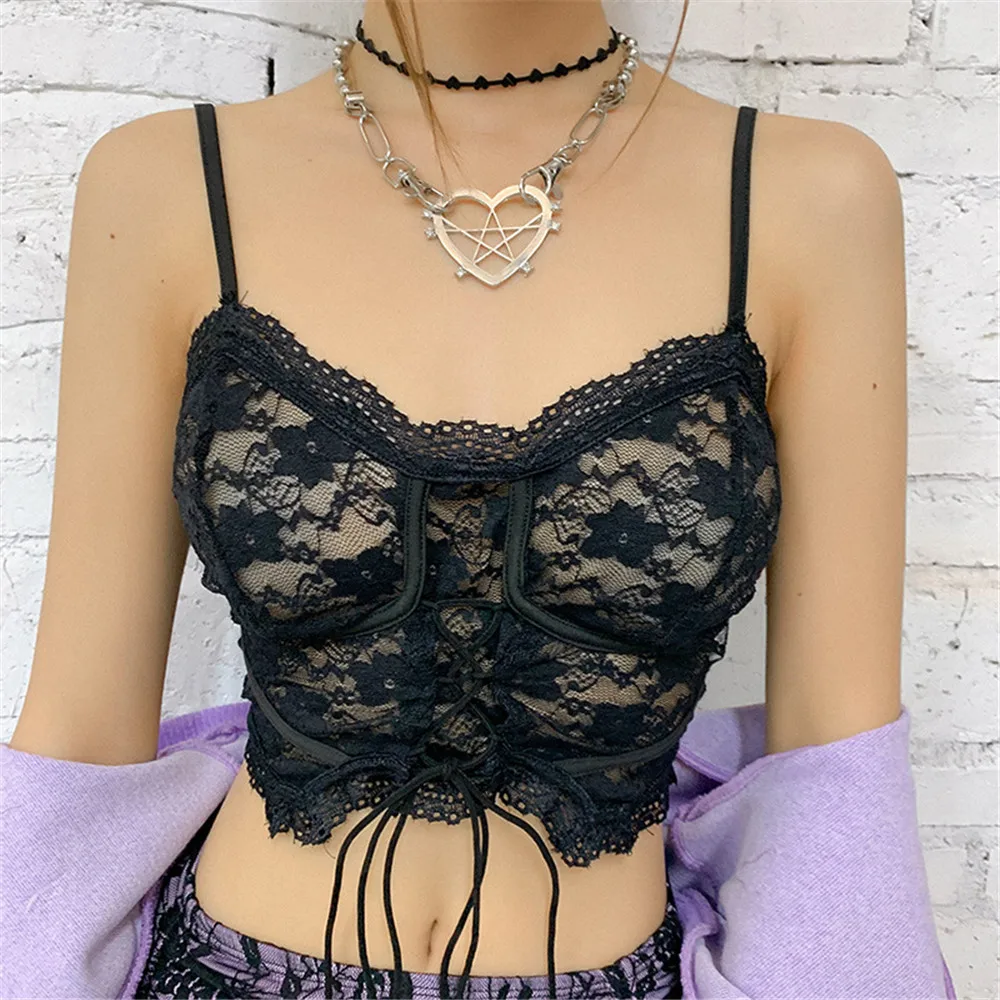 

2021 Summer Women Hollow Out Lace Camis Lace-Up Chest Mesh See-Through Crop Tops Sleeveless Backless Camisole Nightclub