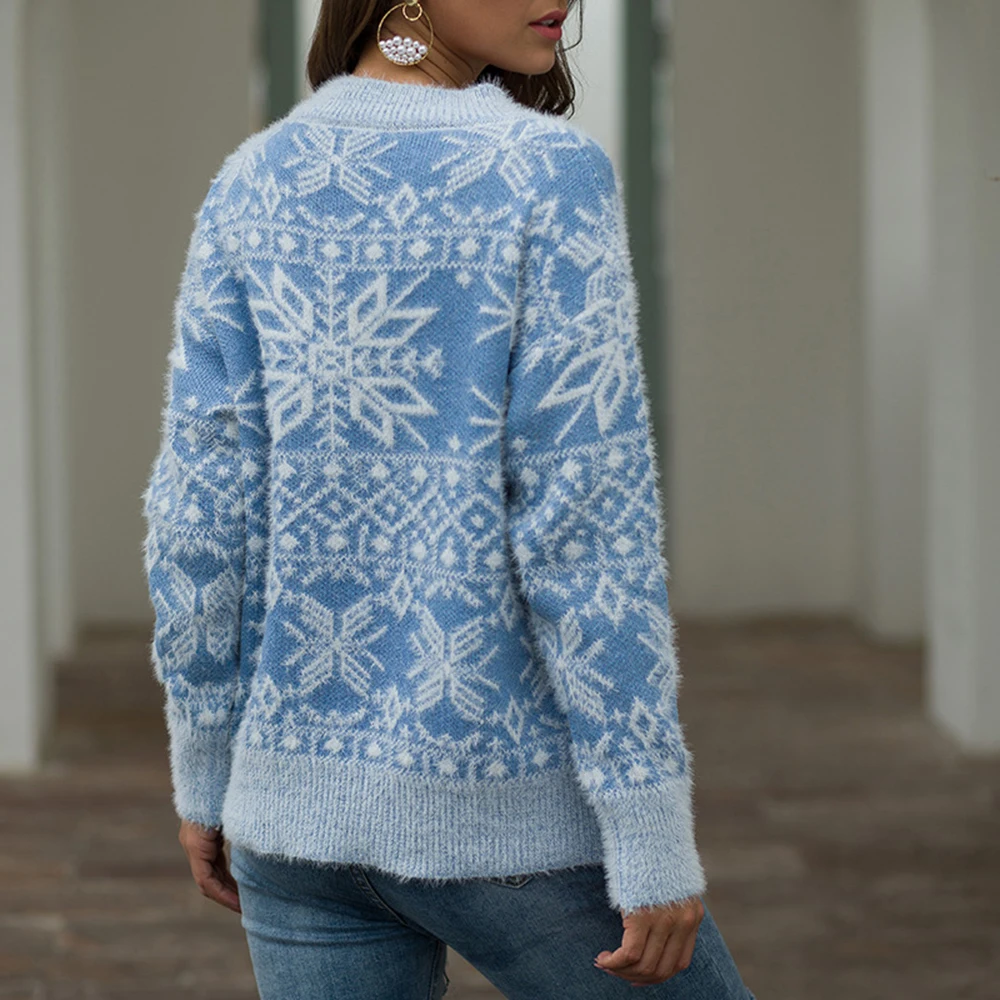 

Winter Christmas Sweater Women Snowflake Print Long Sleeve Knitted Pullovers and Sweaters Fall Clothing Sueter Mujer Invierno