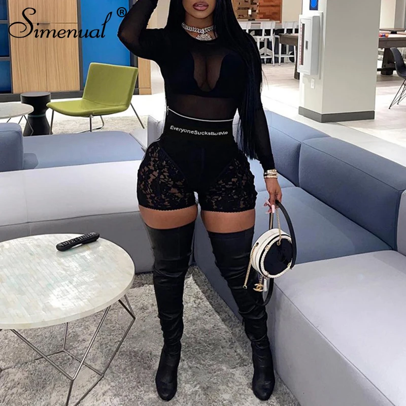 

Simenual High Waist Letter Print Skinny Lace Mini Shorts Zipper Sexy Summer 2021 Women Outfits One Piece Hollow Out Black Shorts
