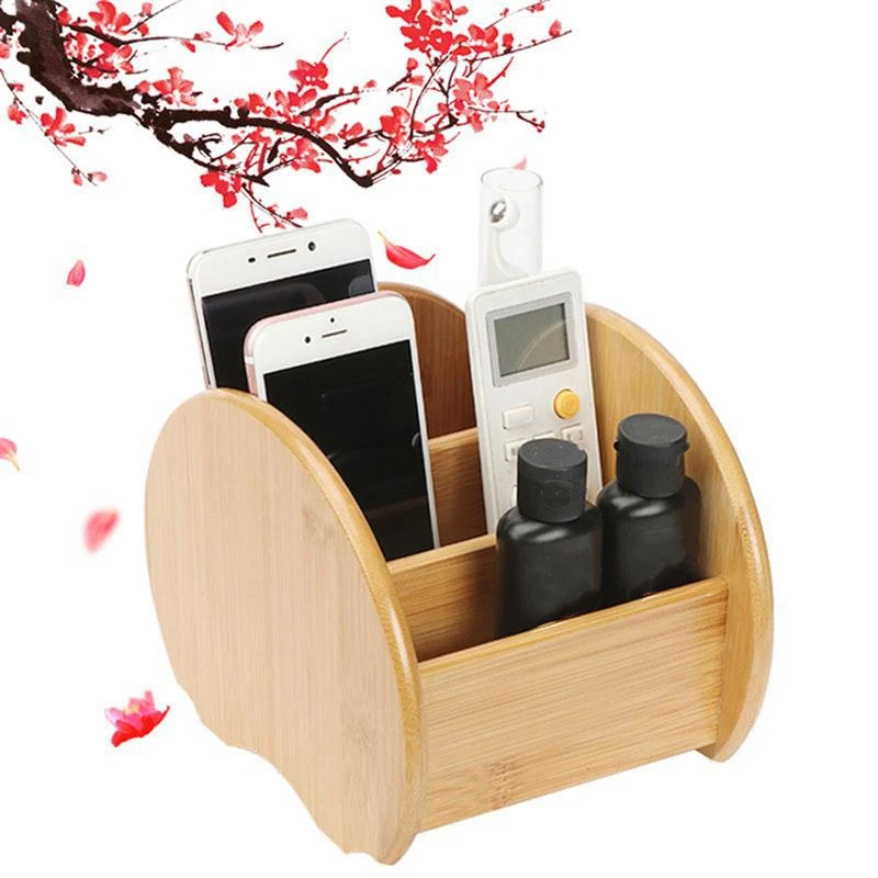 

3 Grid Bamboo Remote Control Storage Box Stationery Headphone Cable Cell Phone Office Desktop Storage Box Multifunctional Storag