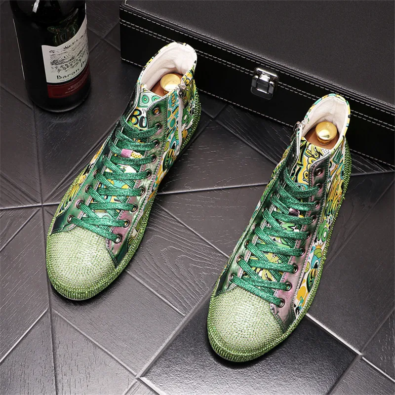 Beli Sepatu Pria Berlian Imitasi Mewah Sneakers Atasan Tinggi Sepatu Bot Pergelangan Kaki Datar Kasual Penambah Tinggi Grafiti Hip-Hop Zapatillas Hombre