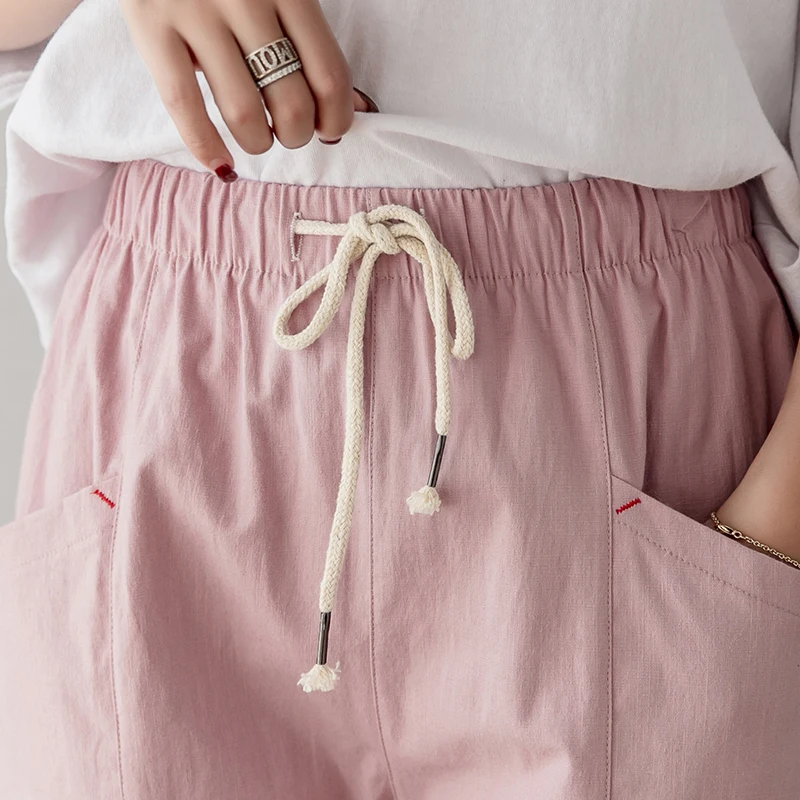 

Casual Pants Women Summer Calf-length Elastic-waist Harem Trousers Students Lace-up Pockets All-match Loose Womens Ulzzang Chic