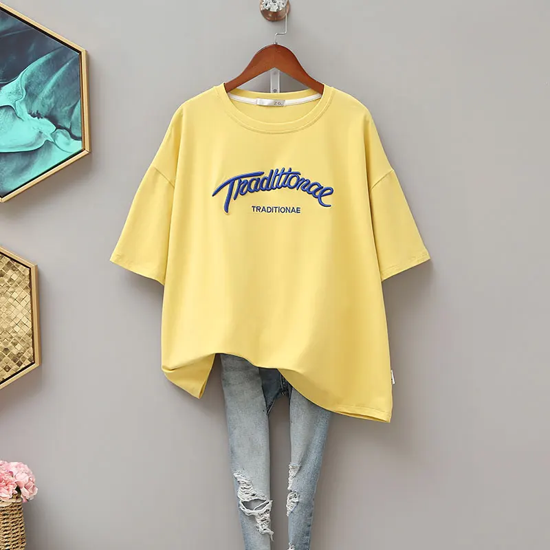 

2021 Summer Artistic Style Embroidery Short-Sleeved T-shirt Cotton Loose Plus Size Crew Neck Short Top Fashion Simple Female Tee
