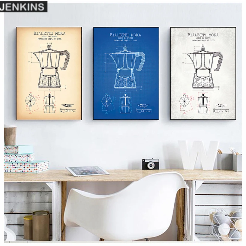 

Coffee Pot Patent Posters and Prints Bialetti Moka Poster Coffee Blueprint Art Picture Canvas Painting Kitchen Wall Art Decor