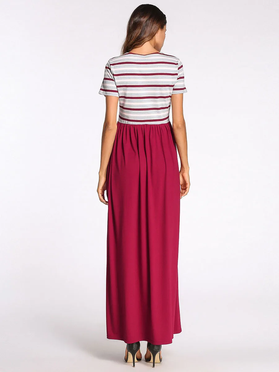 

Muslim Moroccan Kaftan Robe Striped Stitching Solid Color Dress Musulmane Femme Autumn Fashion Simple Dress