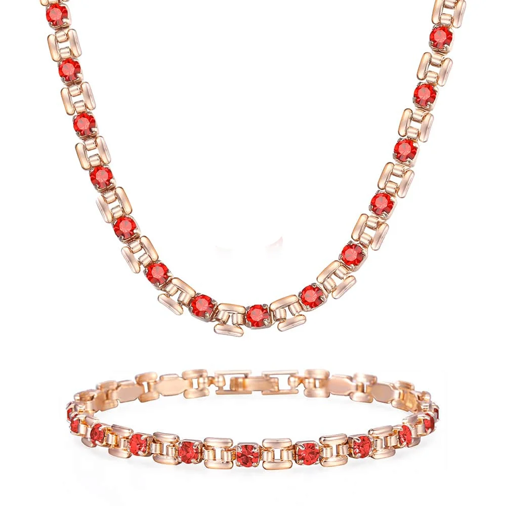 Женский комплект из браслета и цепочки под розовое золото голубой красный