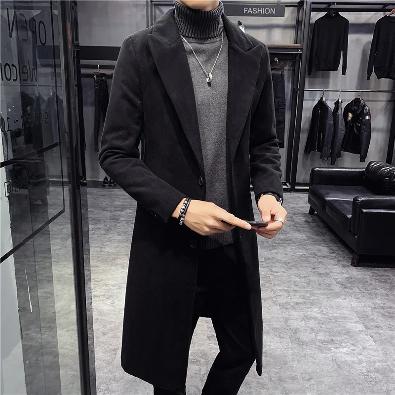 

wool long coat men Korean Style Fashion Woolen Winter CoatsTurn Down Collar Long Wool Coat and Jacket Single Breasted Overcoat